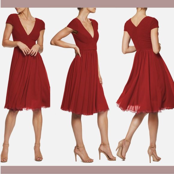 NEW Dress the Population [ XXS ] Corey Chiffon Fit‎ & Flare Dress Garnet #Q416 - Picture 1 of 12